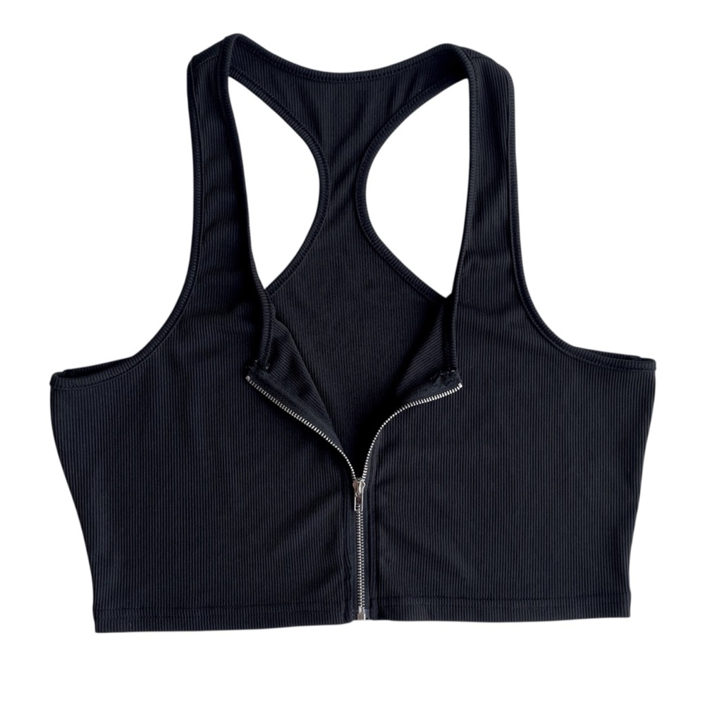 SHEIN Solid Black Ribbed Zip Front Racerback Crop Tank Top Womens XL - Picture 3 of 8